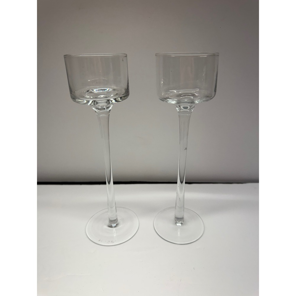 Set of 2 Long Stem Clear Glass Candle Holders 9 Inch Tall Modern Centerpiece